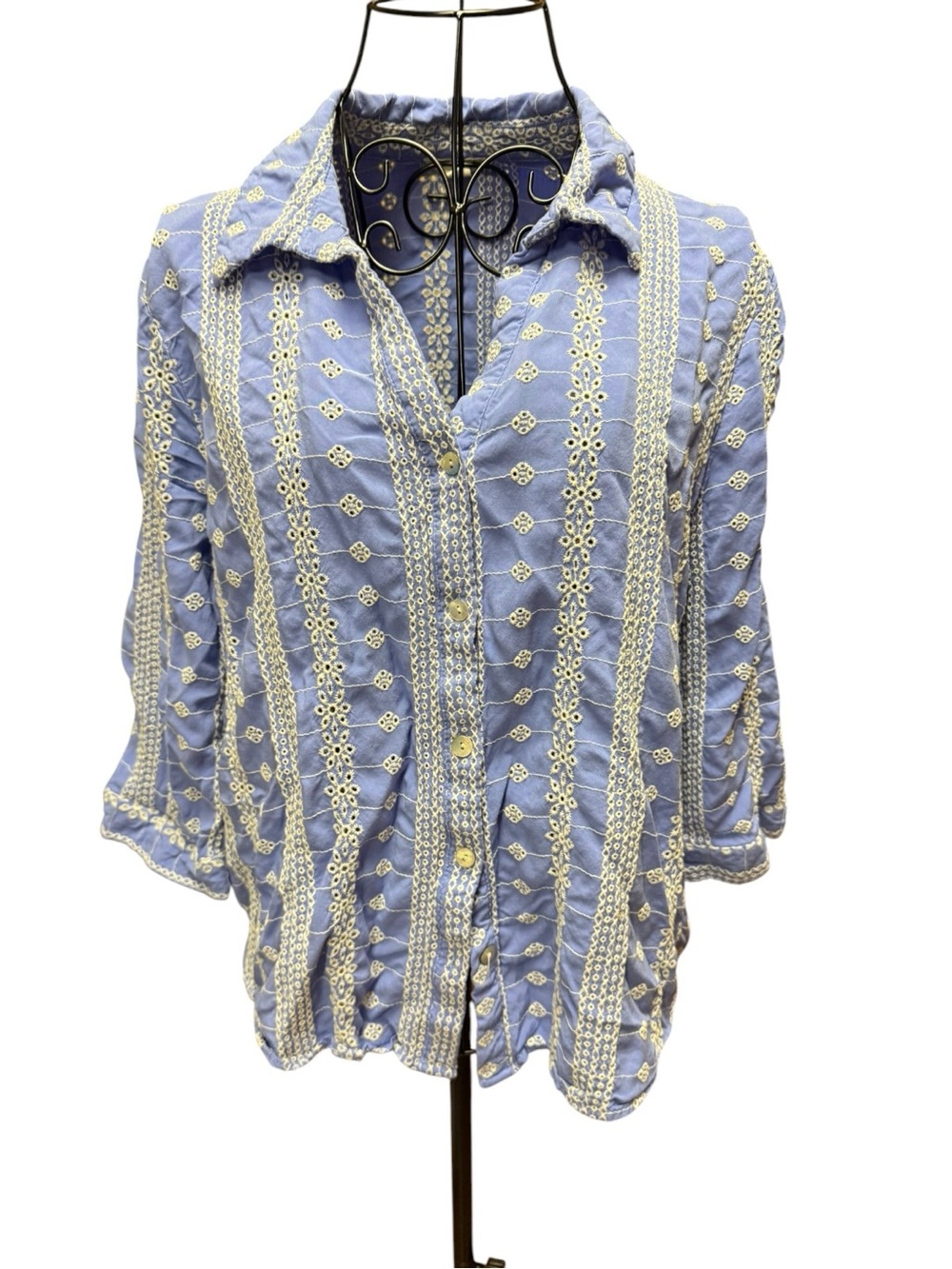 Ultra Pink Blue Button-Down Shirt with Cream Embroidery Cottagecore